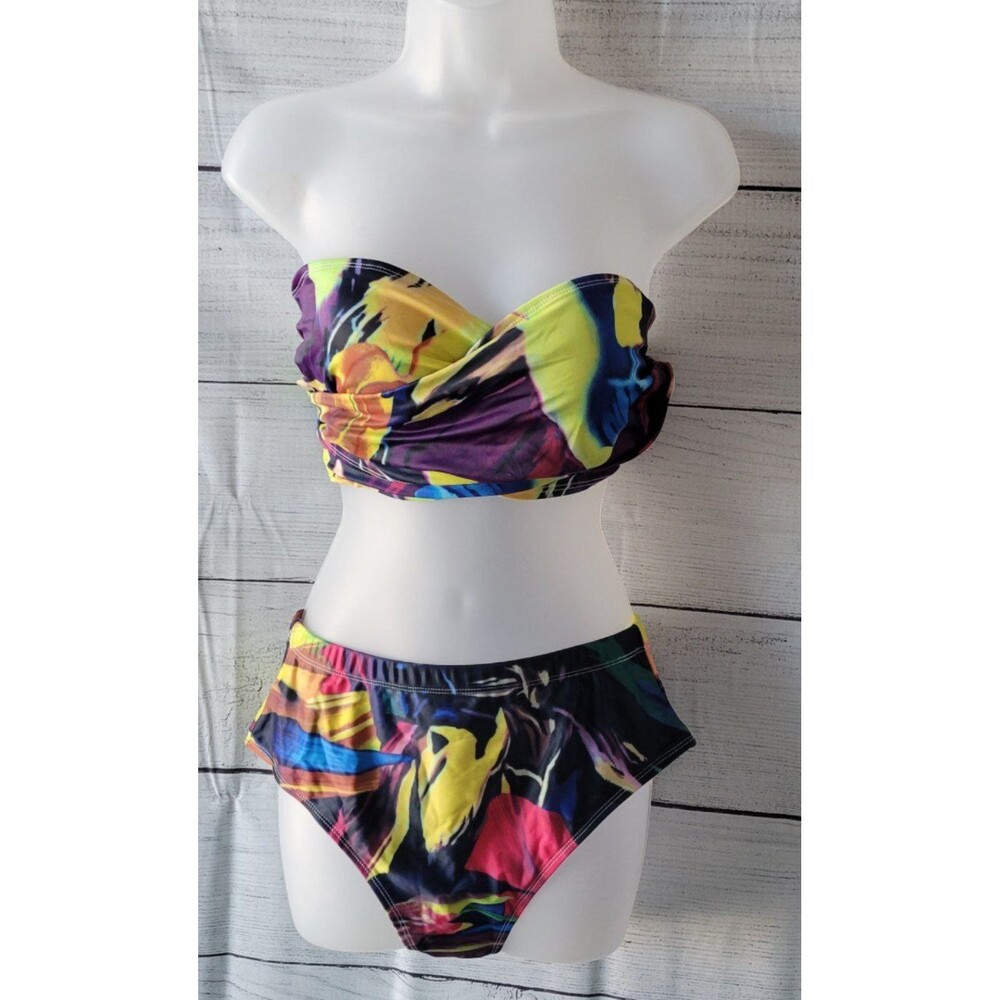 Colorful Strapless Criss Cross Three Piece Bikini Set Sz L
